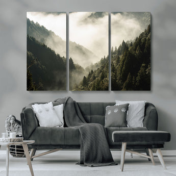 57570237-MGV-CV-36X24-Misty Valley Wall Art Canvas Print, Framed Foggy Forest Art Picture Print, Pine Trees Perfect Moody Woodland Decor Artwork