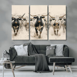 61538944-MGV-CV-36X24-Texas Longhorn Wall Art Canvas Print, Framed Cattles Walking Art Picture Print, Black White Bulls Perfect Rustic Western Decor