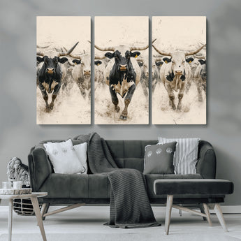 61538944-MGV-CV-36X24-Texas Longhorn Wall Art Canvas Print, Framed Cattles Walking Art Picture Print, Black White Bulls Perfect Rustic Western Decor