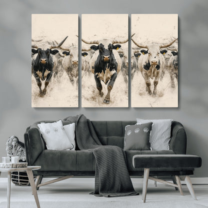61538944-MGV-CV-36X24-Texas Longhorn Wall Art Canvas Print, Framed Cattles Walking Art Picture Print, Black White Bulls Perfect Rustic Western Decor