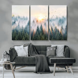 92718976-MGV-CV-36X24-Misty Forest Wall Art Canvas Print, Framed Sunrise Pines Art Picture Print, Foggy Woodland Perfect Moody Woodland Decor Artwork