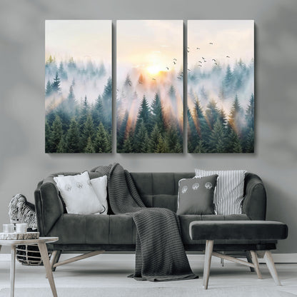 92718976-MGV-CV-36X24-Misty Forest Wall Art Canvas Print, Framed Sunrise Pines Art Picture Print, Foggy Woodland Perfect Moody Woodland Decor Artwork
