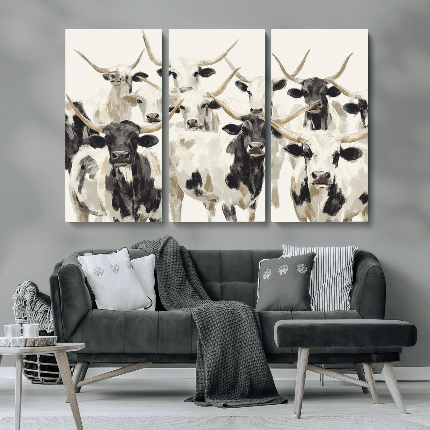 52947970-MGV-CV-36X24-Texas Longhorn Wall Art Canvas Print, Framed Cattle Herd Art Picture Print, Herd Portrait Perfect Modern Farmhouse Decor Artwork