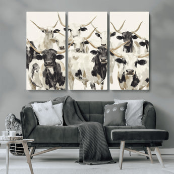 52947970-MGV-CV-36X24-Texas Longhorn Wall Art Canvas Print, Framed Cattle Herd Art Picture Print, Herd Portrait Perfect Modern Farmhouse Decor Artwork