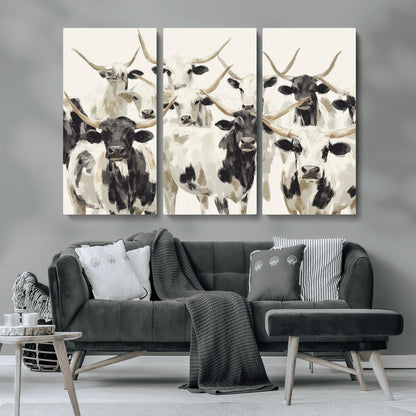 52947970-MGV-CV-36X24-Texas Longhorn Wall Art Canvas Print, Framed Cattle Herd Art Picture Print, Herd Portrait Perfect Modern Farmhouse Decor Artwork