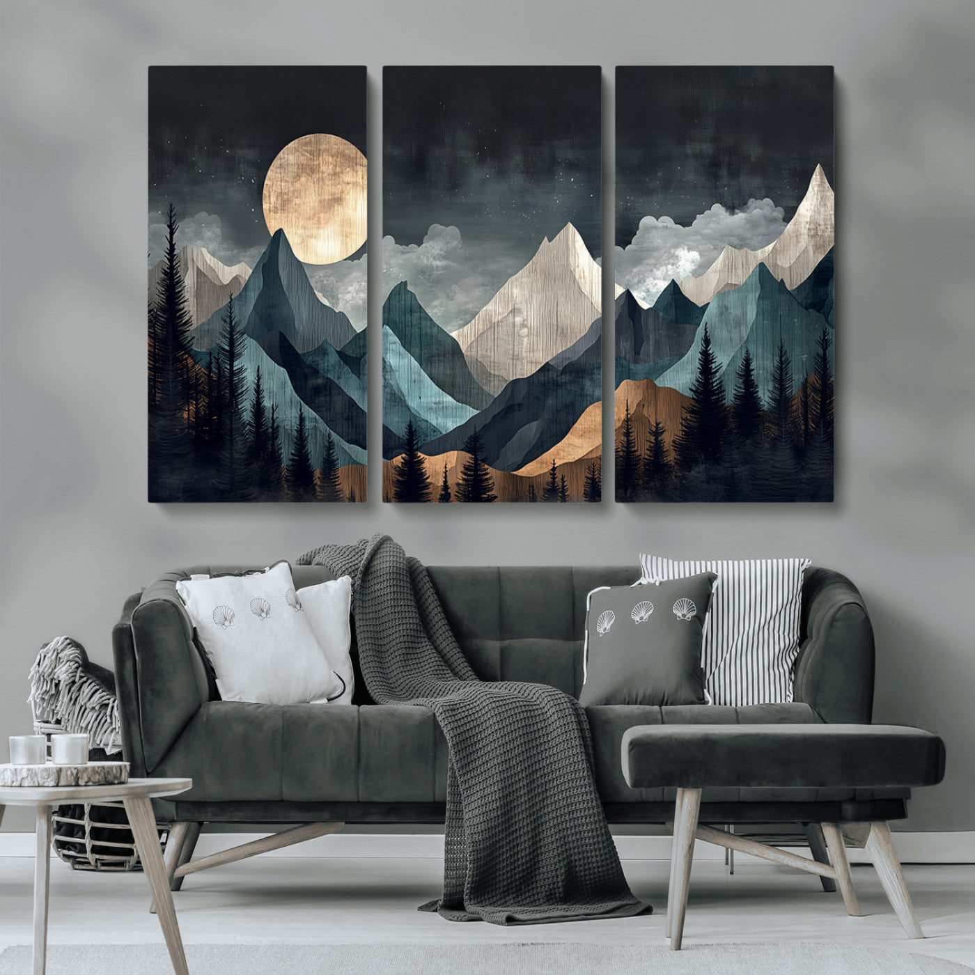 11060882-MGV-CV-36X24-Moonlit Mountains Wall Art Canvas Print, Framed Forest Silhouette Art Picture Print, Night Landscape Perfect Modern Forest Decor