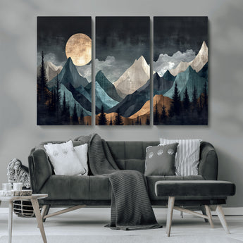 11060882-MGV-CV-36X24-Moonlit Mountains Wall Art Canvas Print, Framed Forest Silhouette Art Picture Print, Night Landscape Perfect Modern Forest Decor