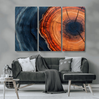 57732250-MGV-CV-36X24-Tree Ring Abstract Wall Art – Blue Orange Wood Grain Canvas Print, Modern Rustic Nature Artwork for Living Room, Office,