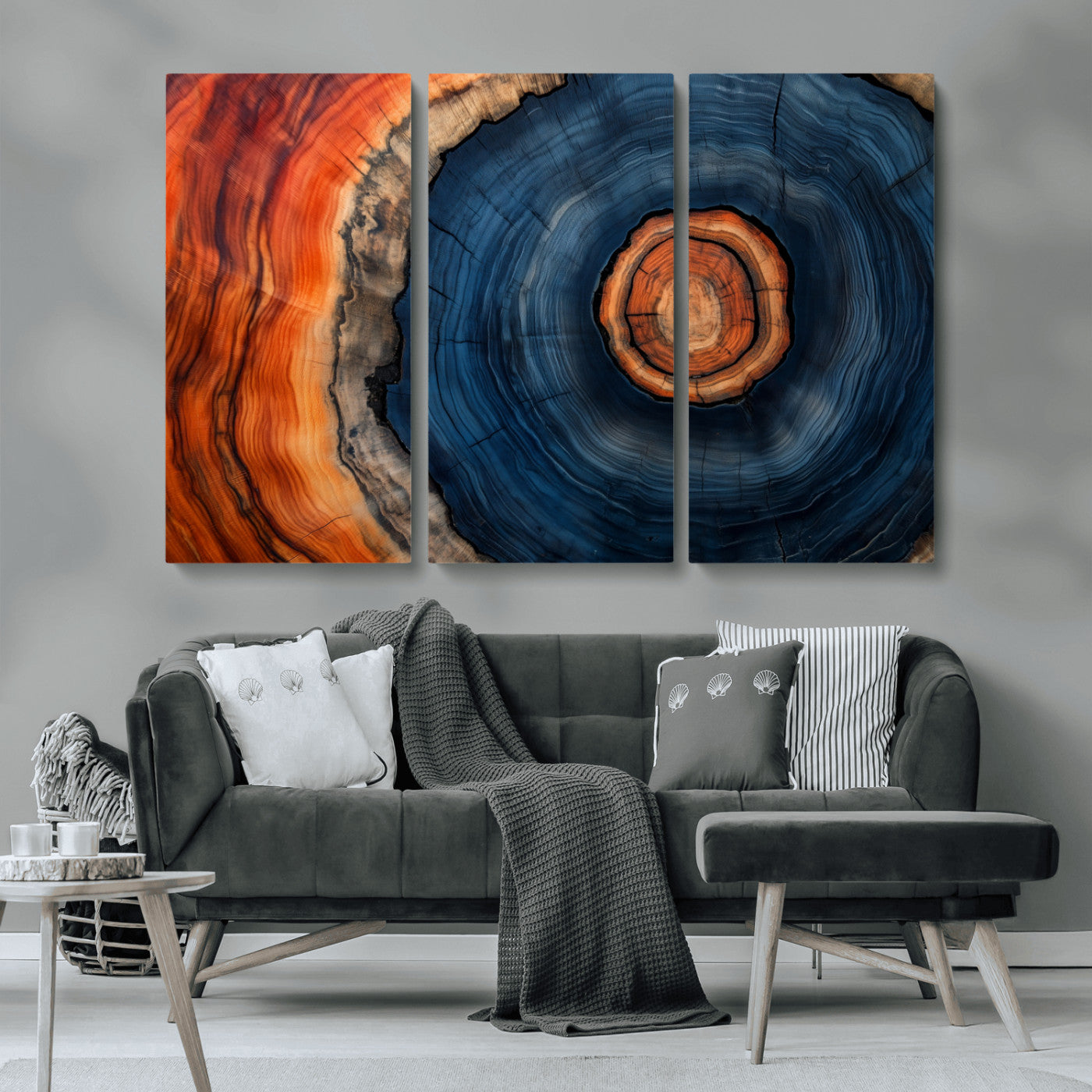 72209152-MGV-CV-36X24-Abstract Tree Ring Wall Art – Vibrant Blue Orange Wood Grain Canvas Print, Rustic Modern Nature Artwork for Living Room, Office,