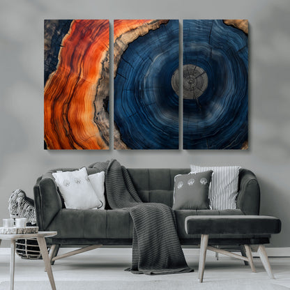 99491700-MGV-CV-36X24-Tree Ring Canvas Wall Art – Blue Orange Abstract Wood Grain Print, Rustic Modern Nature Artwork for Living Room, Office, Bedroom