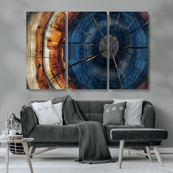 60099360-MGV-CV-36X24-Blue Tree Ring Wall Art – Rustic Wood Grain Canvas Print, Modern Abstract Artwork with Natural Texture for Living Room, Bedroom,