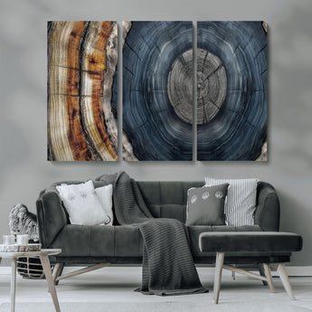 91368647-MGV-CV-36X24-Smoky Blue Tree Ring Wall Art – Rustic Wood Cross Section Canvas Print, Modern Nature Inspired Decor for Living Room, Office, or