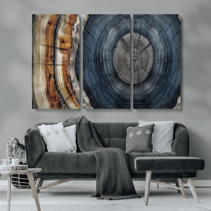 91368647-MGV-CV-36X24-Smoky Blue Tree Ring Wall Art – Rustic Wood Cross Section Canvas Print, Modern Nature Inspired Decor for Living Room, Office, or