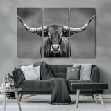 81228550-MGV-CV-36X24-Framed Texas Longhorn Bull Art Canvas Print, Western Bull Wall Art Print, Long Horn Bull Photo Print for Log Cabin, Large Bull