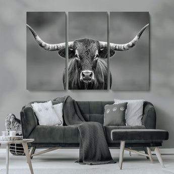 81228550-MGV-CV-36X24-Framed Texas Longhorn Bull Art Canvas Print, Western Bull Wall Art Print, Long Horn Bull Photo Print for Log Cabin, Large Bull