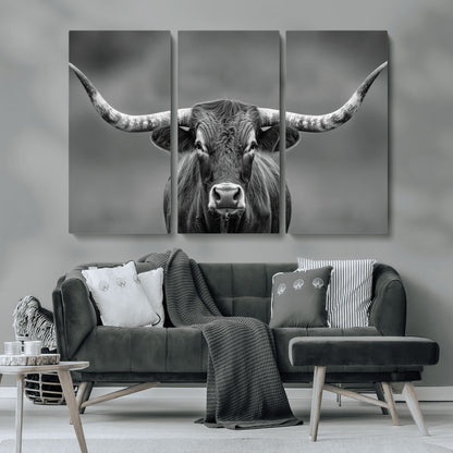 81228550-MGV-CV-36X24-Framed Texas Longhorn Bull Art Canvas Print, Western Bull Wall Art Print, Long Horn Bull Photo Print for Log Cabin, Large Bull
