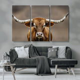 12179171-MGV-CV-48X32-3P-Texas Longhorn Wall Art Canvas Print, Framed Brown Bull Art Picture Print, Lone Cattle Perfect Rustic Western Decor Artwork