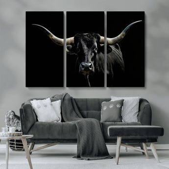 37531960-MGV-CV-36X24-Black Longhorn Bull Wall Art – Dramatic Western Cattle Canvas Print, Rustic Farmhouse Animal Artwork for Living Room, Bedroom,