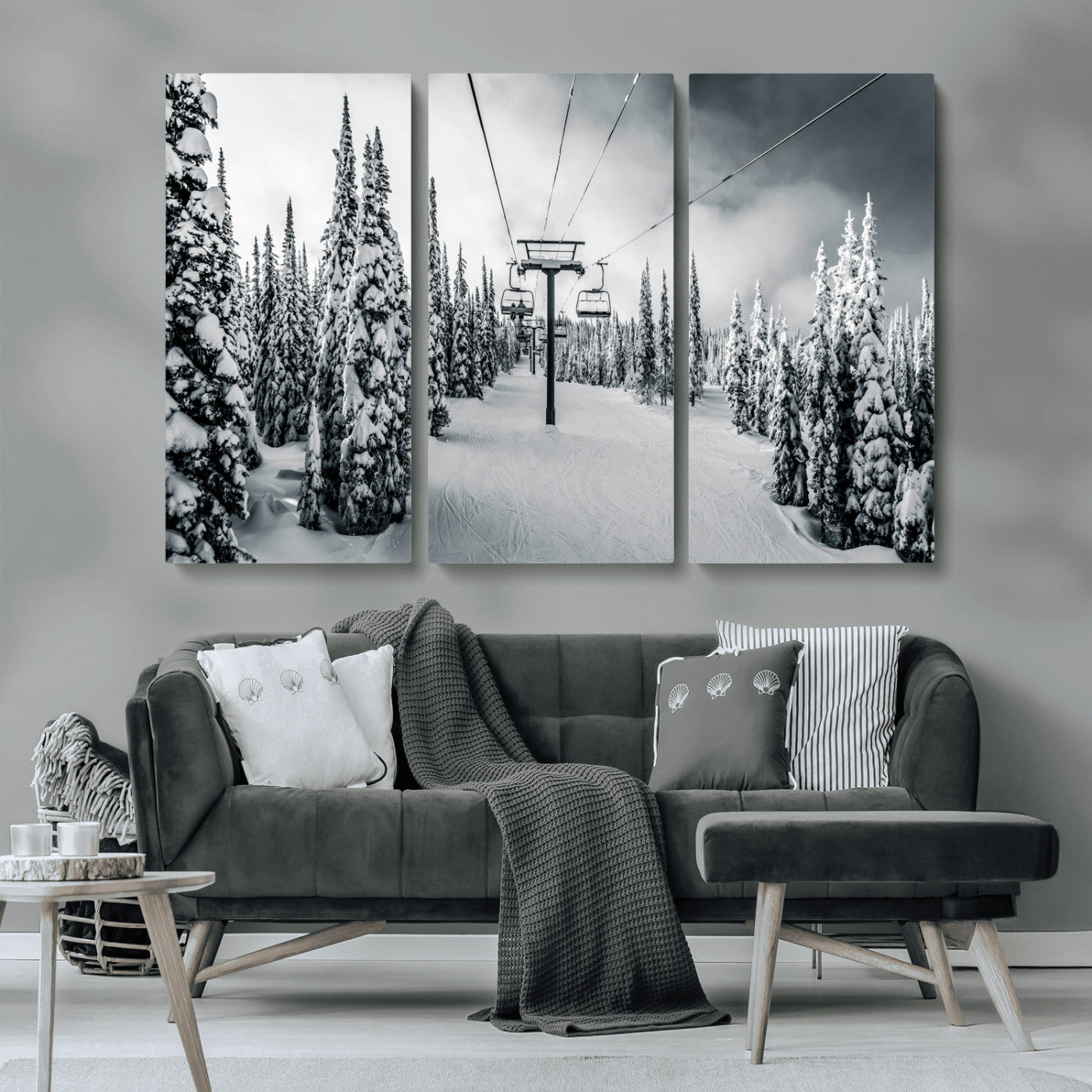 31156828-MGV-CV-36X24-Snowy Pines Wall Art Canvas Print, Framed Ski Lift Art Picture Print, Winter Forest Perfect Moody Lodge Decor Artwork