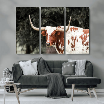 54027638-MGV-CV-36X24-Texas Longhorn Wall Art Canvas Print, Framed Spotted Cow Art Picture Print, Horned Bull Perfect Rustic Western Decor Artwork