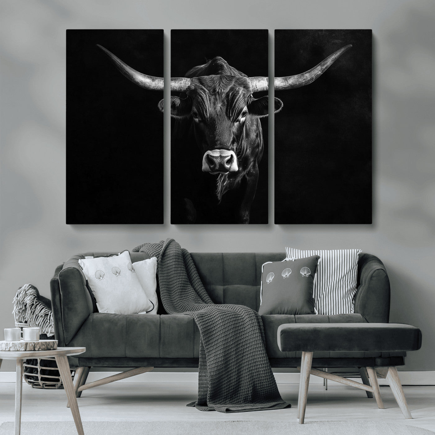 42077175-MGV-CV-36X24-Texas Longhorn Wall Art Canvas Print, Framed Monochrome Bull Art Picture Print, Horned Bull Perfect Rustic Western Decor Artwork