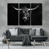 42077175-MGV-CV-36X24-Texas Longhorn Wall Art Canvas Print, Framed Monochrome Bull Art Picture Print, Horned Bull Perfect Rustic Western Decor Artwork