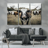 79025945-MGV-CV-36X24-Texas Longhorn Wall Art Canvas Print, Framed Speckled Cow Art Picture Print, Horned Cattle Perfect Rustic Western Decor Artwork