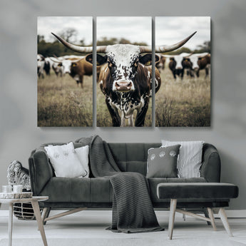 79025945-MGV-CV-36X24-Texas Longhorn Wall Art Canvas Print, Framed Speckled Cow Art Picture Print, Horned Cattle Perfect Rustic Western Decor Artwork