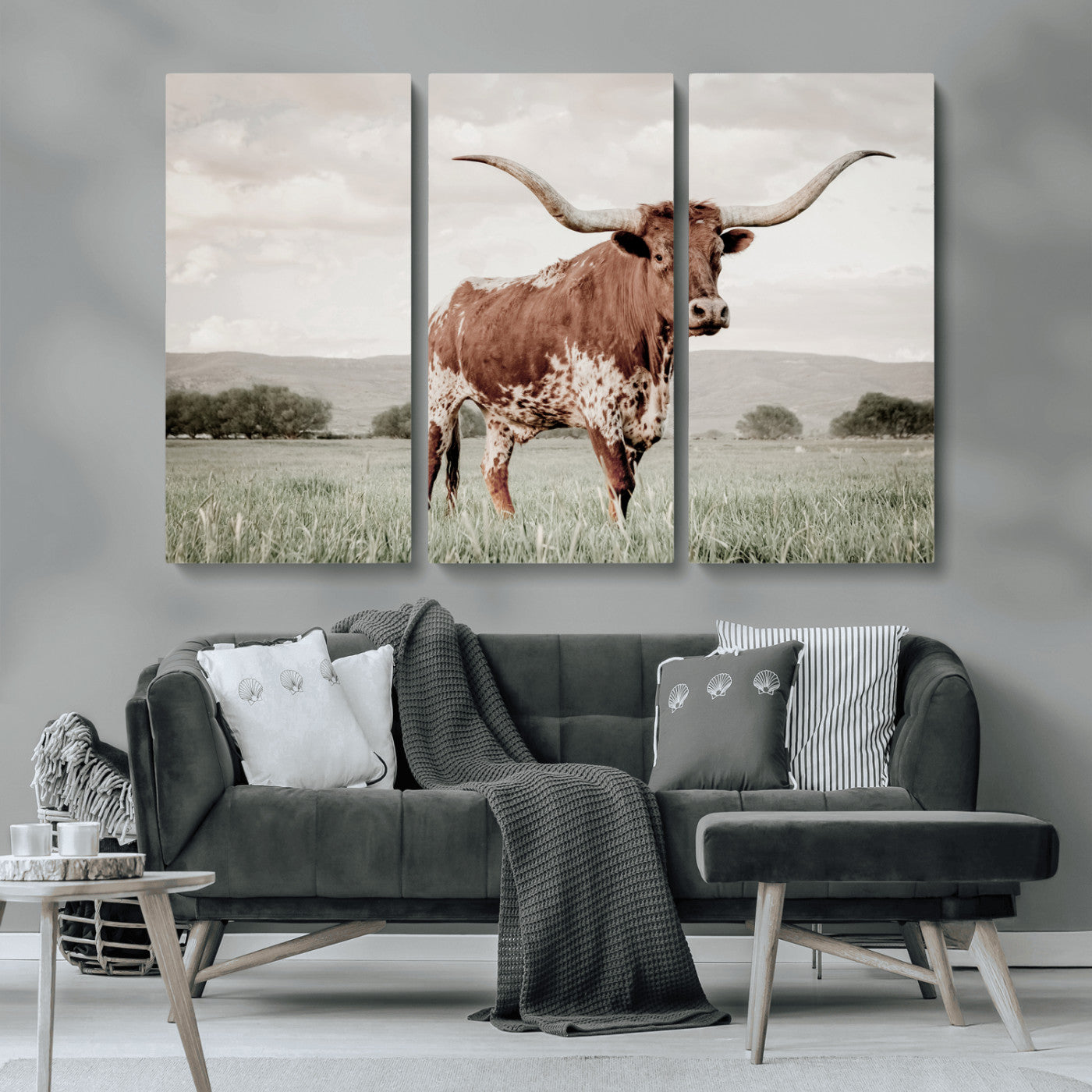 28309012-MGV-CV-36X24-Texas Longhorn Wall Art Canvas Print, Framed Spotted Cattle Art Picture Print, Horned Bull Perfect Rustic Western Decor Artwork