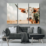 72766375-MGV-CV-36X24-Texas Longhorn Wall Art Canvas Print, Framed Spotted Cow Art Picture Print, Horned Cattle Perfect Rustic Western Decor Artwork