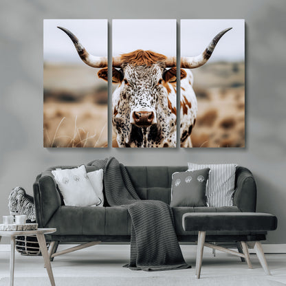 76294381-MGV-CV-36X24-Texas Longhorn Wall Art Canvas Print, Framed Spotted Cow Art Picture Print, Horned Cattle Perfect Rustic Western Decor Artwork