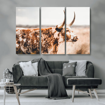 11528295-MGV-CV-36X24-Speckled Longhorn Wall Art Canvas Print, Framed Texas Cattle Art Picture Print, Horned Cow Perfect Rustic Western Decor Artwork