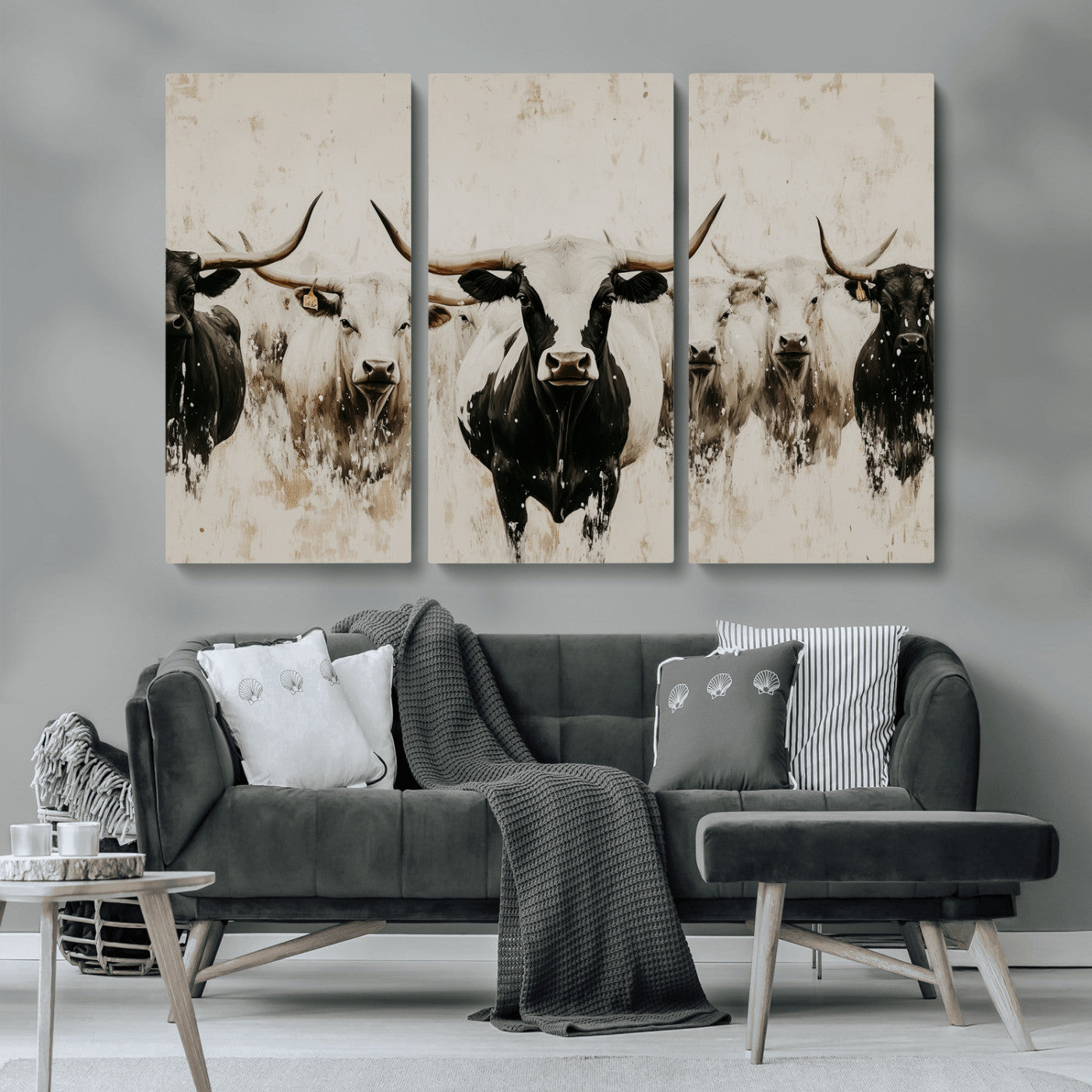 12027562-MGV-CV-36X24-Longhorn Cattle Wall Art Canvas Print, Framed Bison Herd Art Picture Print, Cattle Group Perfect Rustic Farmhouse Decor Artwork