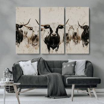 12027562-MGV-CV-36X24-Longhorn Cattle Wall Art Canvas Print, Framed Bison Herd Art Picture Print, Cattle Group Perfect Rustic Farmhouse Decor Artwork
