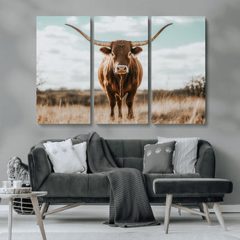 39350715-MGV-CV-36X24-Texas Longhorn Wall Art Canvas Print, Framed Longhorn Cow Art Picture Print, Western Cattle Perfect Rustic Western Decor Artwork