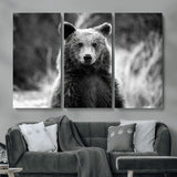 MGV-CV-48X32-3P - Grizzly Bear Wall Art Canvas Print, Framed Black White Bear Art Picture Print, Wild Bear Perfect Rustic Wildlife Decor Artwork