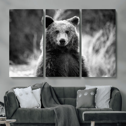 MGV-CV-48X32-3P - Grizzly Bear Wall Art Canvas Print, Framed Black White Bear Art Picture Print, Wild Bear Perfect Rustic Wildlife Decor Artwork