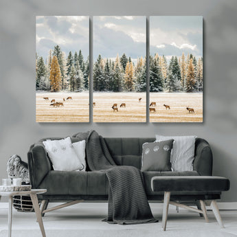 64188182-MGV-CV-36X24-Elk Herd Wall Art Canvas Print, Framed Snowy Forest Art Picture Print, Forest Elks Perfect Neutral Rustic Decor Artwork
