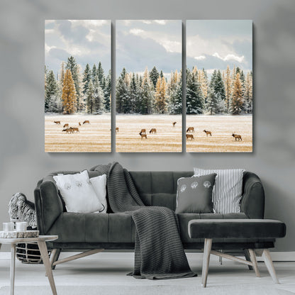 64188182-MGV-CV-36X24-Elk Herd Wall Art Canvas Print, Framed Snowy Forest Art Picture Print, Forest Elks Perfect Neutral Rustic Decor Artwork