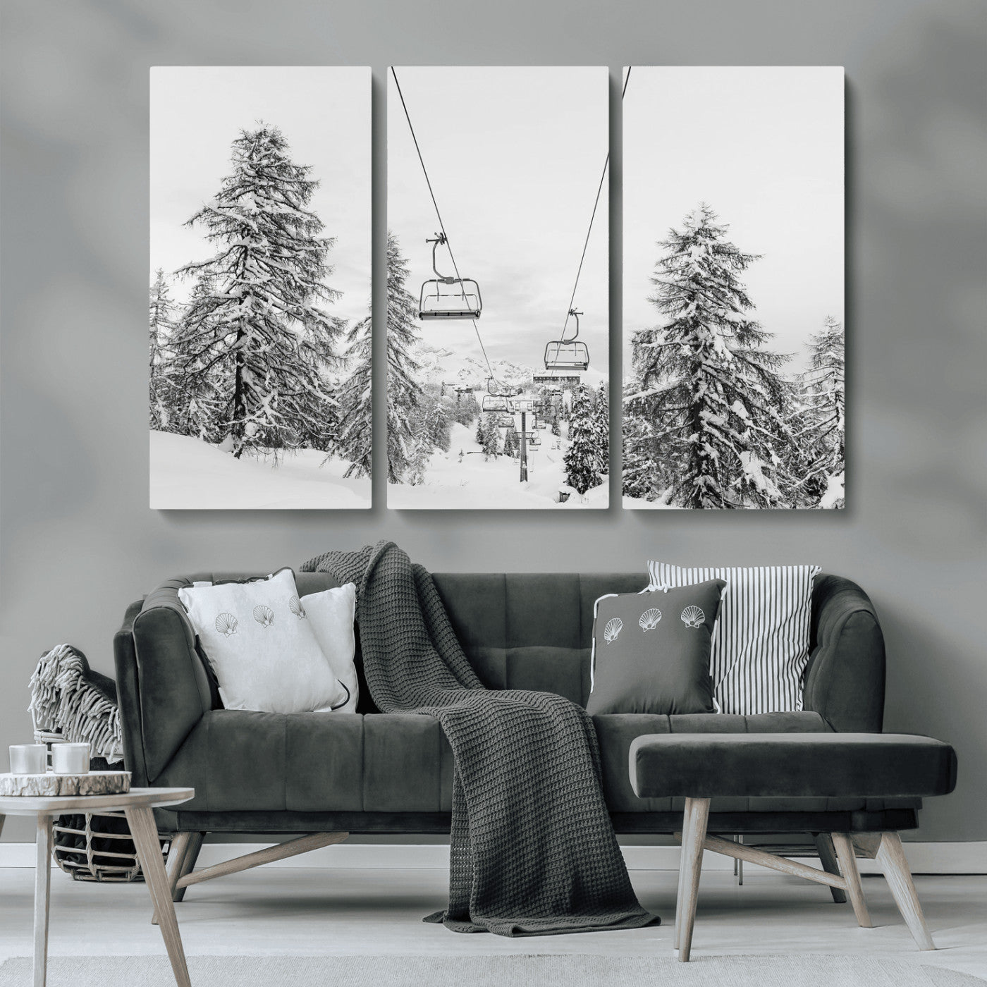 55003599-MGV-CV-36X24-Snowy Ski Lift Wall Art Canvas Print, Framed Winter Forest Art Picture Print, Ski lift Ride Perfect Winter Lodge Decor Artwork