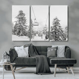 55003599-MGV-CV-36X24-Snowy Ski Lift Wall Art Canvas Print, Framed Winter Forest Art Picture Print, Ski lift Ride Perfect Winter Lodge Decor Artwork
