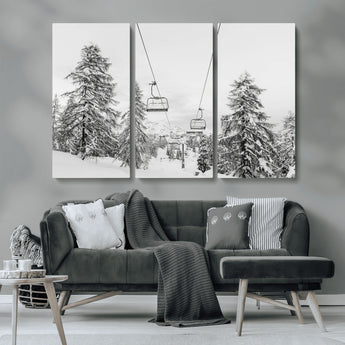 55003599-MGV-CV-36X24-Snowy Ski Lift Wall Art Canvas Print, Framed Winter Forest Art Picture Print, Ski lift Ride Perfect Winter Lodge Decor Artwork