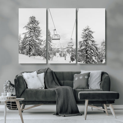 55003599-MGV-CV-36X24-Snowy Ski Lift Wall Art Canvas Print, Framed Winter Forest Art Picture Print, Ski lift Ride Perfect Winter Lodge Decor Artwork