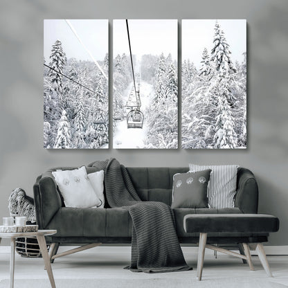 60296839-MGV-CV-36X24-Snowy Mountains Wall Art Canvas Print, Framed Ski Lift Art Picture Print, Winter Forest Perfect Winter Minimalist Decor Artwork