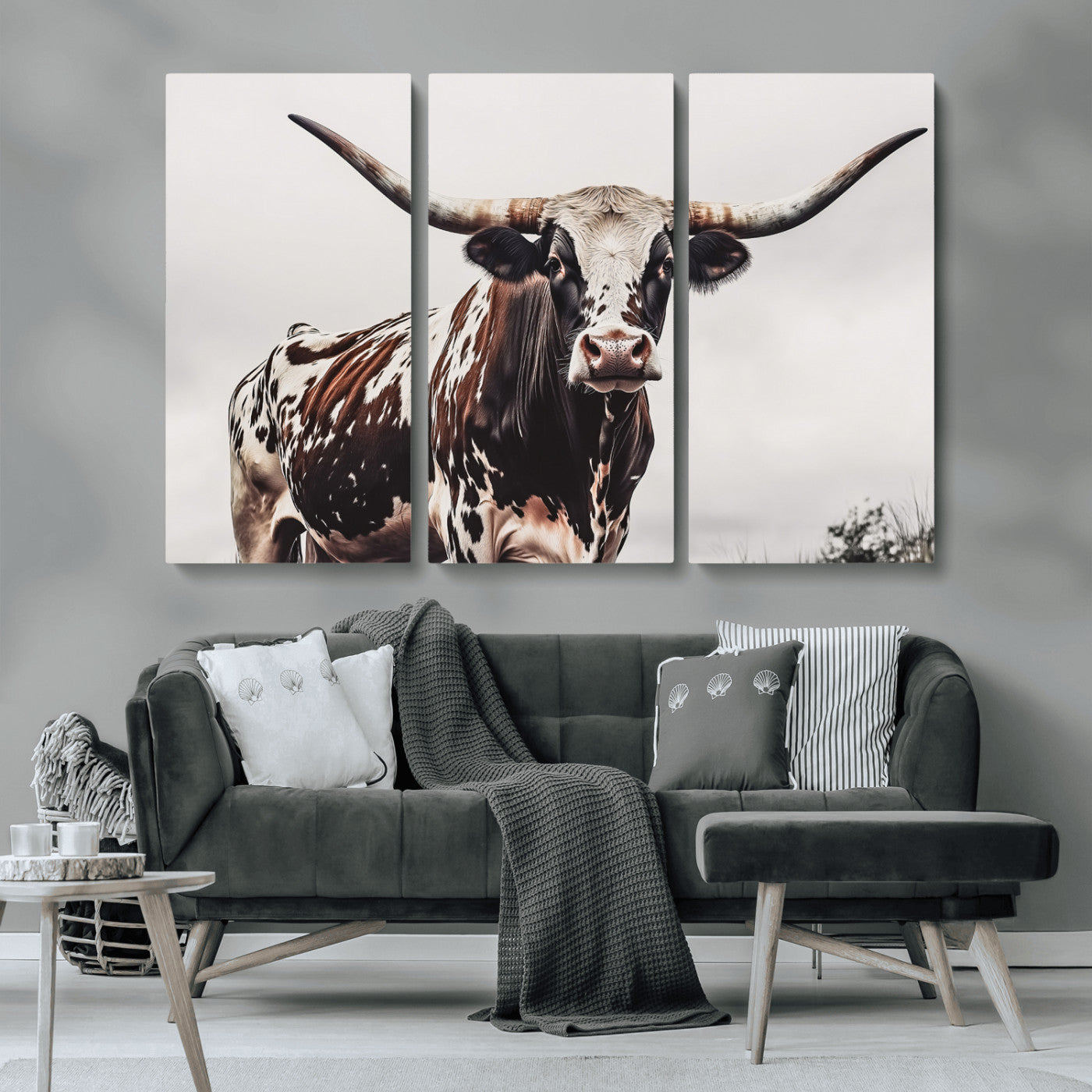 95249234-MGV-CV-36X24-Texas Longhorn Wall Art Canvas Print, Framed Spotted Bull Art Picture Print, Horned Cattle Perfect Rustic Farmhouse Decor Artwork