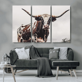 95249234-MGV-CV-36X24-Texas Longhorn Wall Art Canvas Print, Framed Spotted Bull Art Picture Print, Horned Cattle Perfect Rustic Farmhouse Decor Artwork