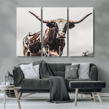95249234-MGV-CV-36X24-Texas Longhorn Wall Art Canvas Print, Framed Spotted Bull Art Picture Print, Horned Cattle Perfect Rustic Farmhouse Decor Artwork