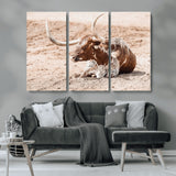 91248682-MGV-CV-36X24-Texas Longhorn Wall Art Canvas Print, Framed Resting Bull Art Picture Print, Spotted Cattle Perfect Rustic Western Decor Artwork
