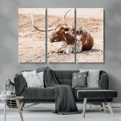 91248682-MGV-CV-36X24-Texas Longhorn Wall Art Canvas Print, Framed Resting Bull Art Picture Print, Spotted Cattle Perfect Rustic Western Decor Artwork