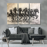 56089591-MGV-CV-36X24-Galloping Horses Wall Art Canvas Print, Framed Wild Stallions Art Picture Print, Horse Herd Sketch Perfect Monochrome Dynamic